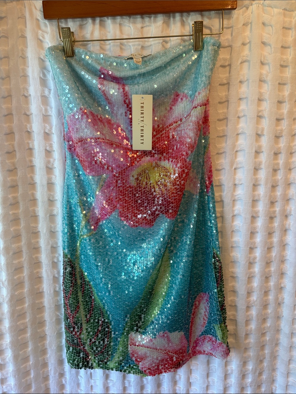 Thirty & Thirty Aqua Sequin Mini Dress with Pink Floral Print